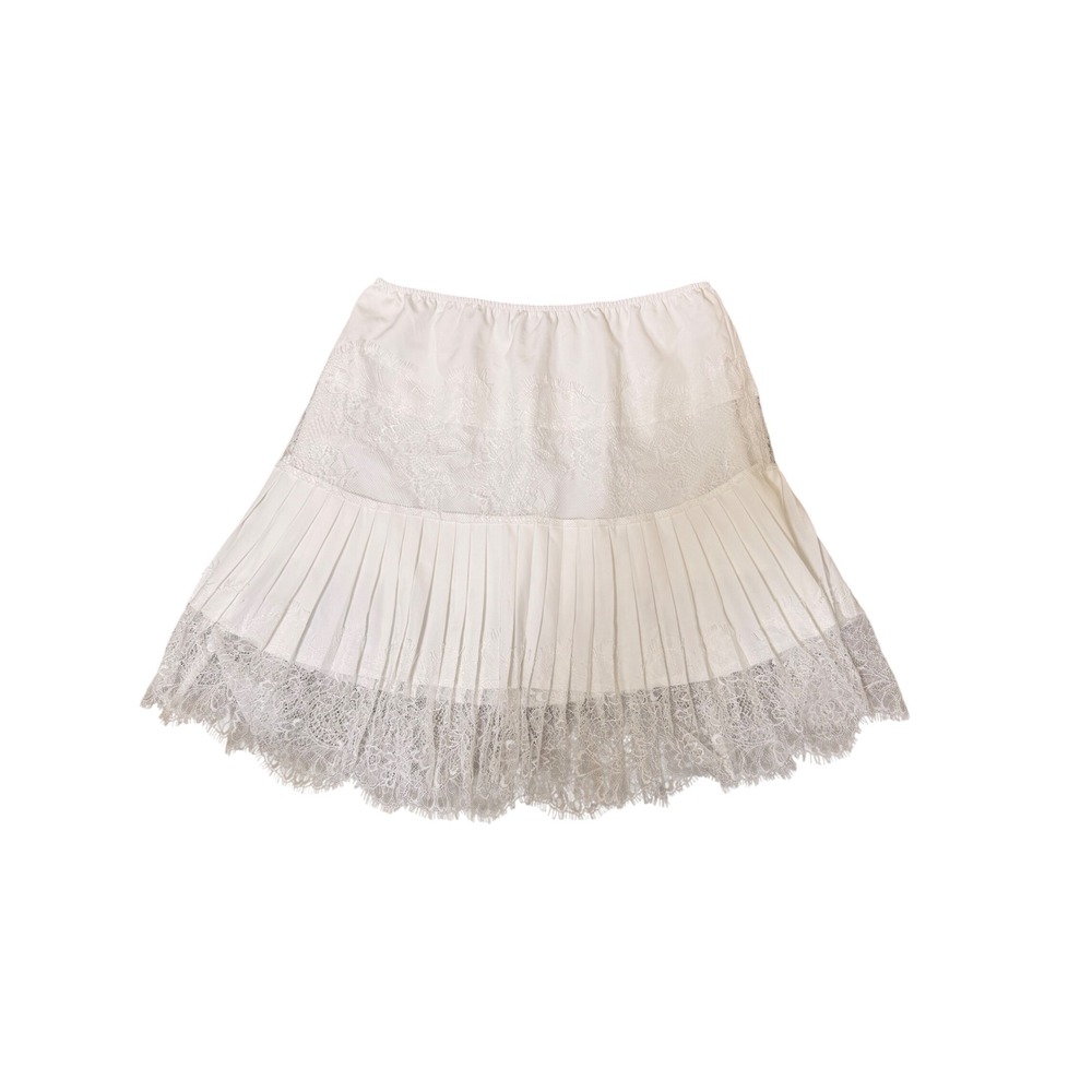 White Lace Slip Pleated Mini Skirt Eyelash Lace Trim Elastic Waist Size S